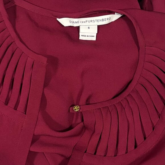Diane Von Furstenberg Burgundy Silk Pleated Collar Long Sleeve Dress Size 6 - Picture 6 of 9
